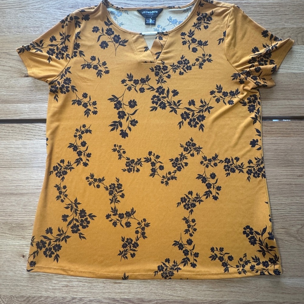 Liz Claiborne Career Mustard Yellow Floral Split Neck Blouse Top Womens Medium